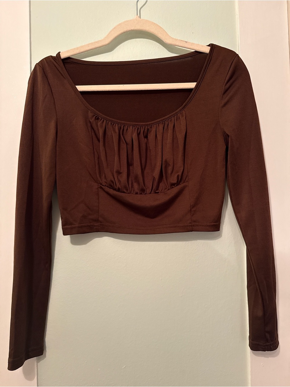 SHEIN Chocolate Brown Ruched Long-Sleeve Crop Top